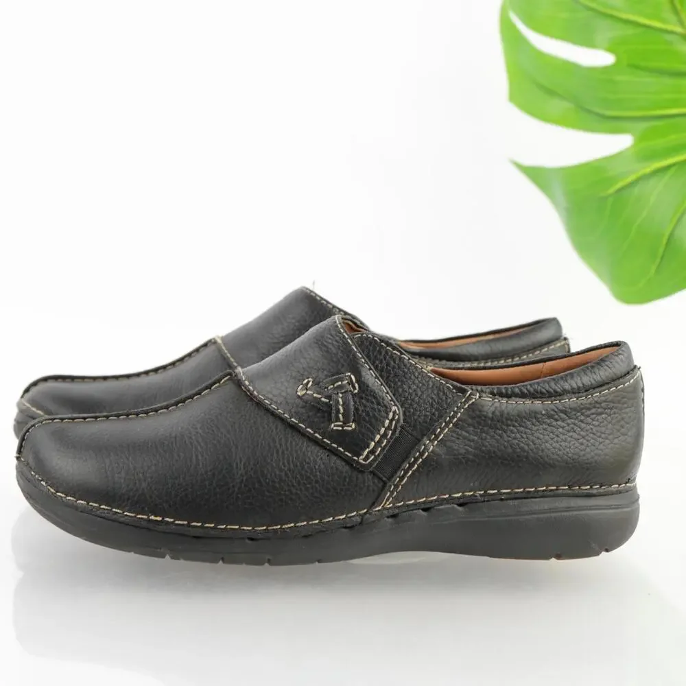 Clarks Womens Un Loop Stride Loafer Size 8 Black Leather Slip On Flat Comfy Shoe